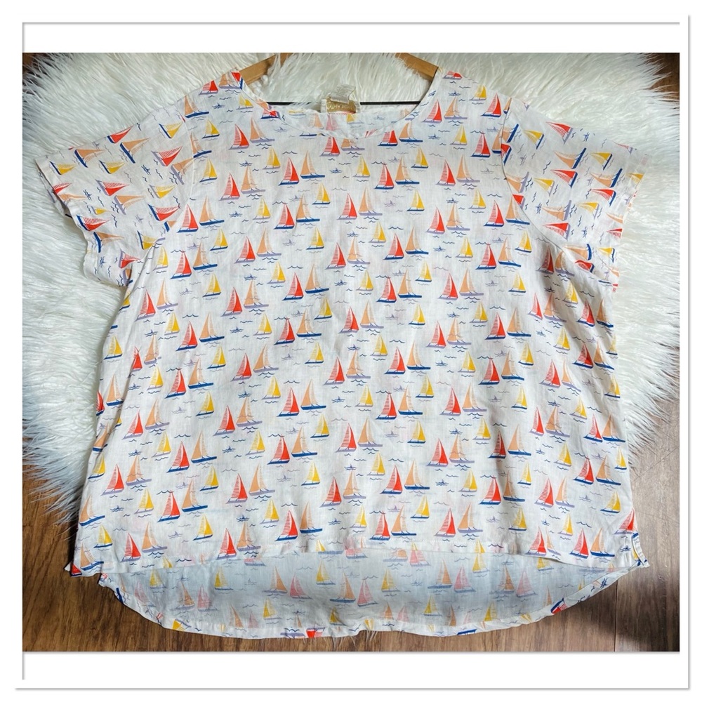 Cynthia Rowley Linen Sailboat Blouse Short Sleeve Red Blue Size 2X - Picture 3 of 5